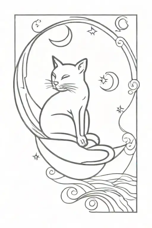 A blackwork tattoo of a cat silhouette sitting on a crescent moon with waves crashing below tattoo design idea