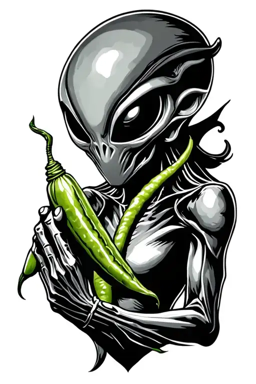 Alien holding a green chile tattoo design idea