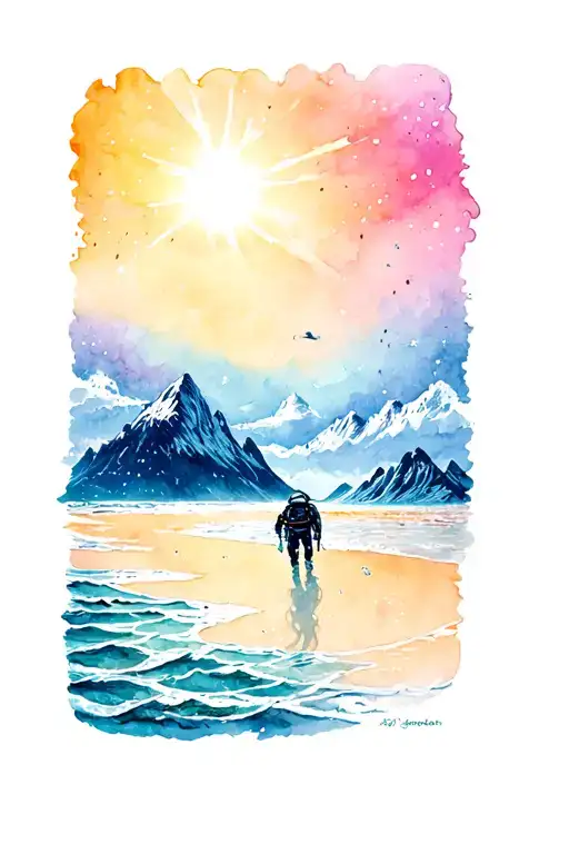 scene transitioning from underwater ocean with distant scuba diver to beach blend to snowy mountains then sky and stars tattoo design idea