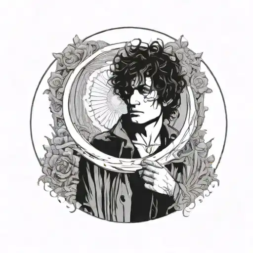 Black and white illustration of a sandman neil gaiman standing in front of a large white circle.  tattoo design idea