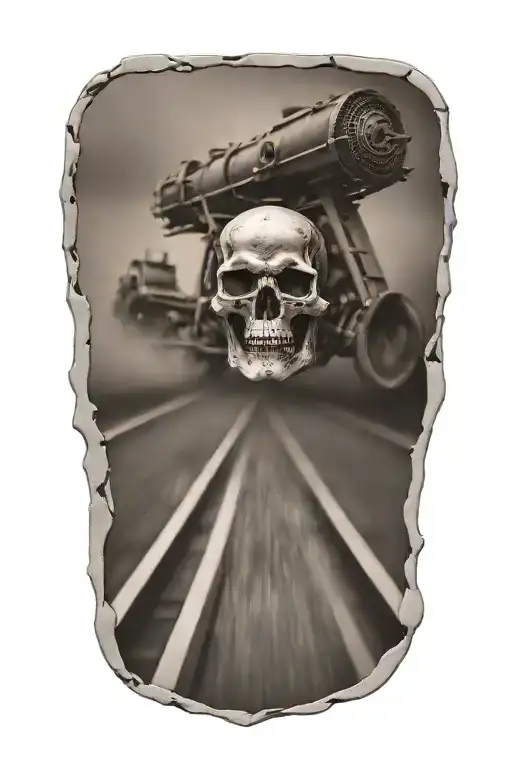 railroad train tracks going into the distance with skulls and harley davidson engine parts tattoo design idea