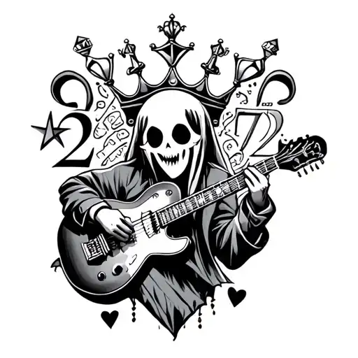 lineart design featuring a ghost playing guitar,the number twenty two,a queens crown,a small heart, and a small diamond  tattoo design idea