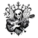 lineart design featuring a ghost playing guitar,the number twenty two,a queens crown,a small heart, and a small diamond  tattoo design idea