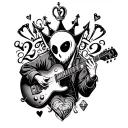lineart design featuring a ghost playing guitar,the number twenty two,a queens crown,a small heart, and a small diamond  tattoo design idea