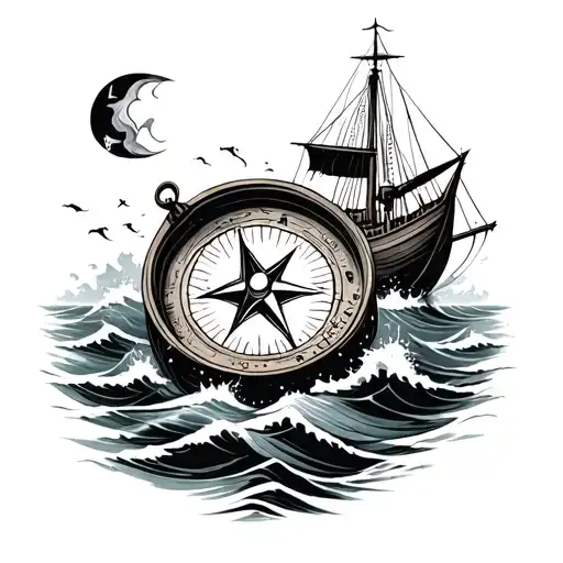 broken compass and small boat surrounded by crashing waves lost at sea tattoo design idea