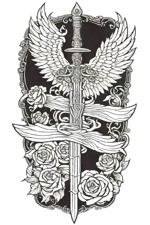 angel wings behind sword, roses tattoo design idea