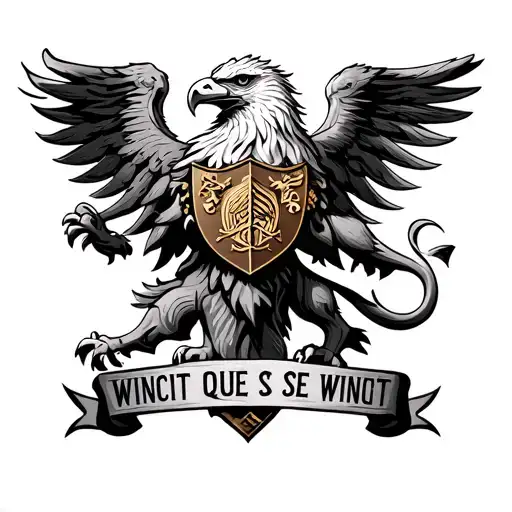 eagle and lion crest with WINCIT QUE SE WINCIT, but made to look Roman tattoo design idea