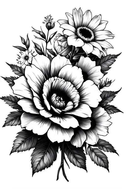 hibiscus, dahlia, mountain wildflowers, roses, tulip, ranunculus, peony, gladiolus, irises, rhododendron, sunflower, tattoo design idea