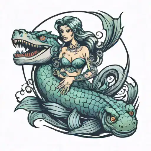mermaid with large breast and a crocodile swimming tattoo design idea