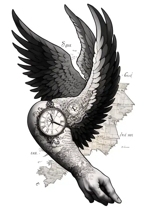 forearm sleeve wing, with half compass, half clock, map, brick on wrist tattoo design idea