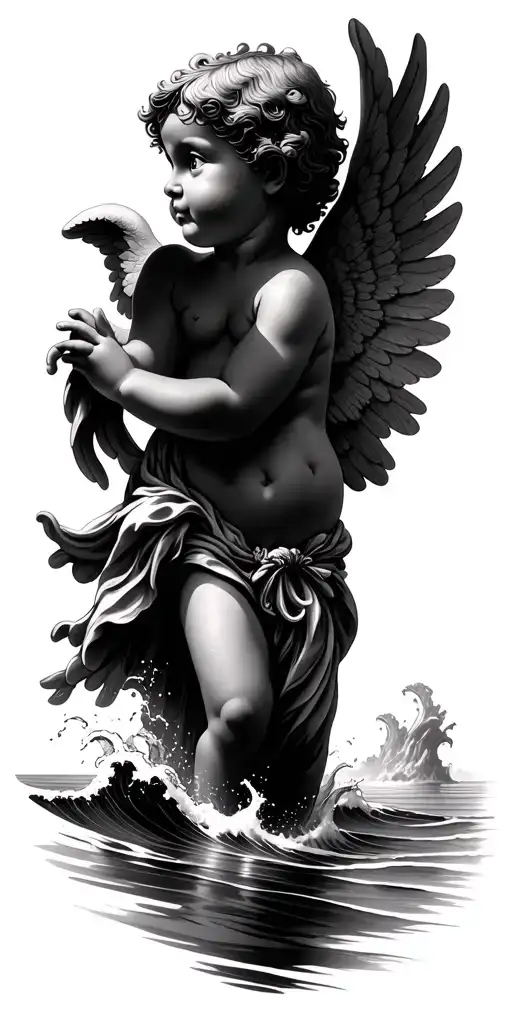 cherub angel in the water reaching up towards the sky. Waves crashing on the beach of small Croatian island village tattoo design idea