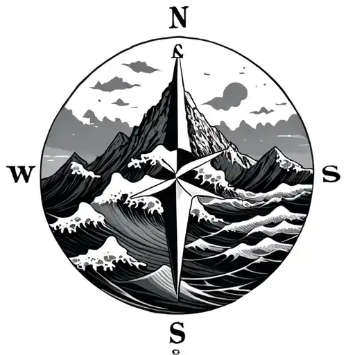 compass mountain waves tattoo design idea