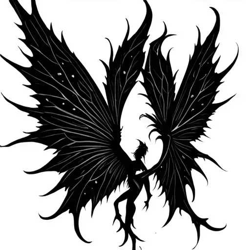 Minimalist dark fairy tattoo stencil, focus on large black thorn-like wings, intricate fine line art, bold line accents tattoo design idea