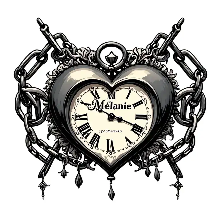 "Mélanie" "Mélanie" Clock Heart Chains tattoo design idea