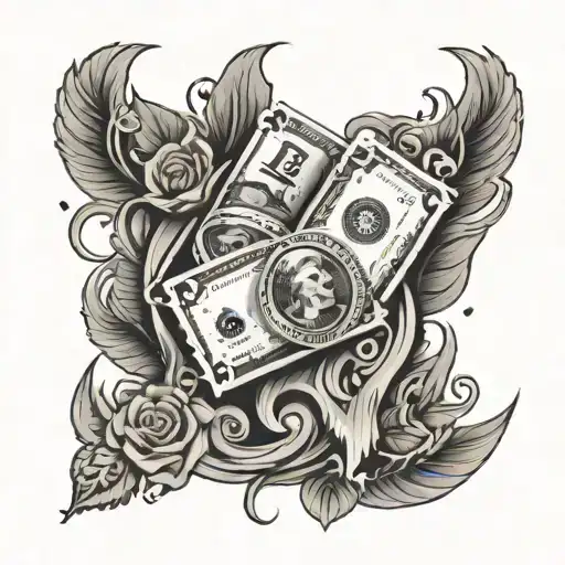 A tattoo design incorporating elements of money and love in a creative and abstract way, symbolizing the importance of both in the client's life tattoo design idea
