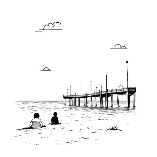 outline of a baby sitting on a beach looking out at a fishing pier  tattoo design idea