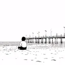 outline of a baby sitting on a beach looking out at a fishing pier  tattoo design idea