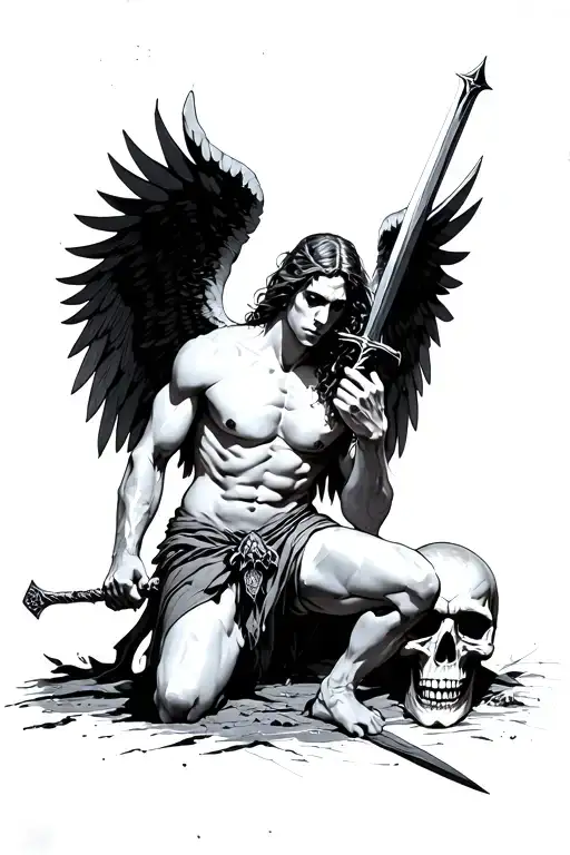 angel wearing a loin cloth on one knee with wings flared stabbing a skull with a broadsword tattoo design idea