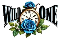 blue roses withba clock with the words Wild One wrapped tattoo design idea