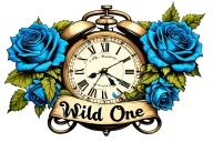 blue roses withba clock with the words Wild One wrapped tattoo design idea
