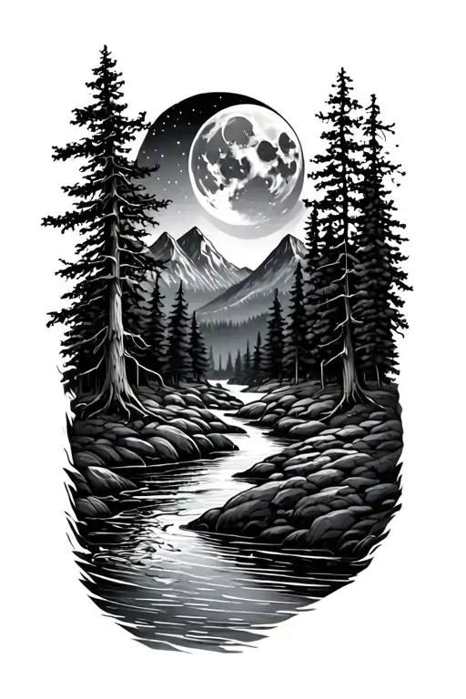 forest with river flowing and  mountain in background moon bare tree tattoo design idea