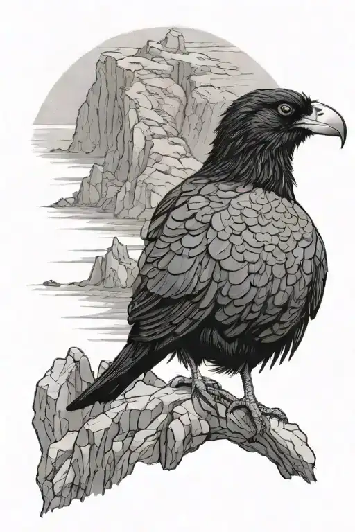 redbilled chough stood with Cornish costal cliffs in the background tattoo design idea