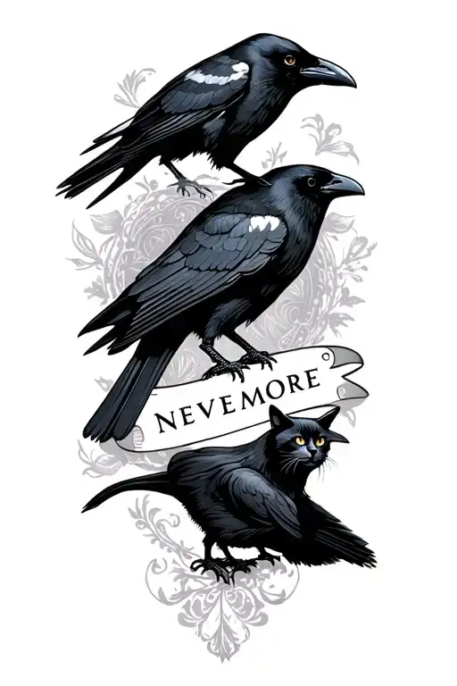 Gothic Edgar Allan Poe with raven, black cat and nevermore banner tattoo design idea