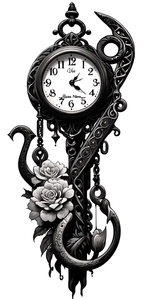 clock, crane hook and boom, wife's name  tattoo design idea