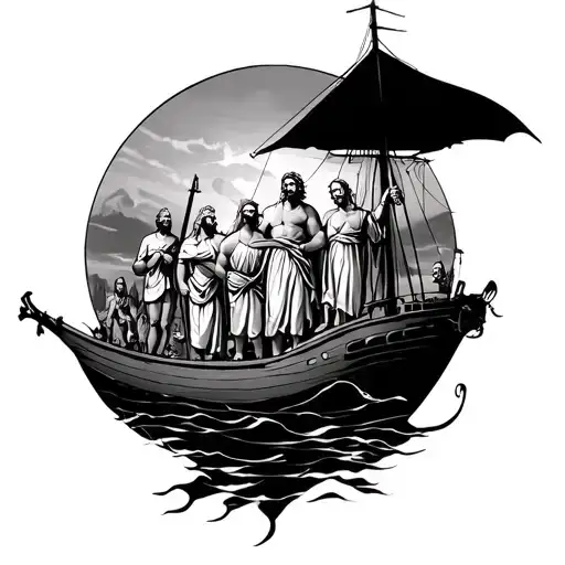 a sleeve tattoo design with all of the main characters from Homer's Odyssey  tattoo design idea