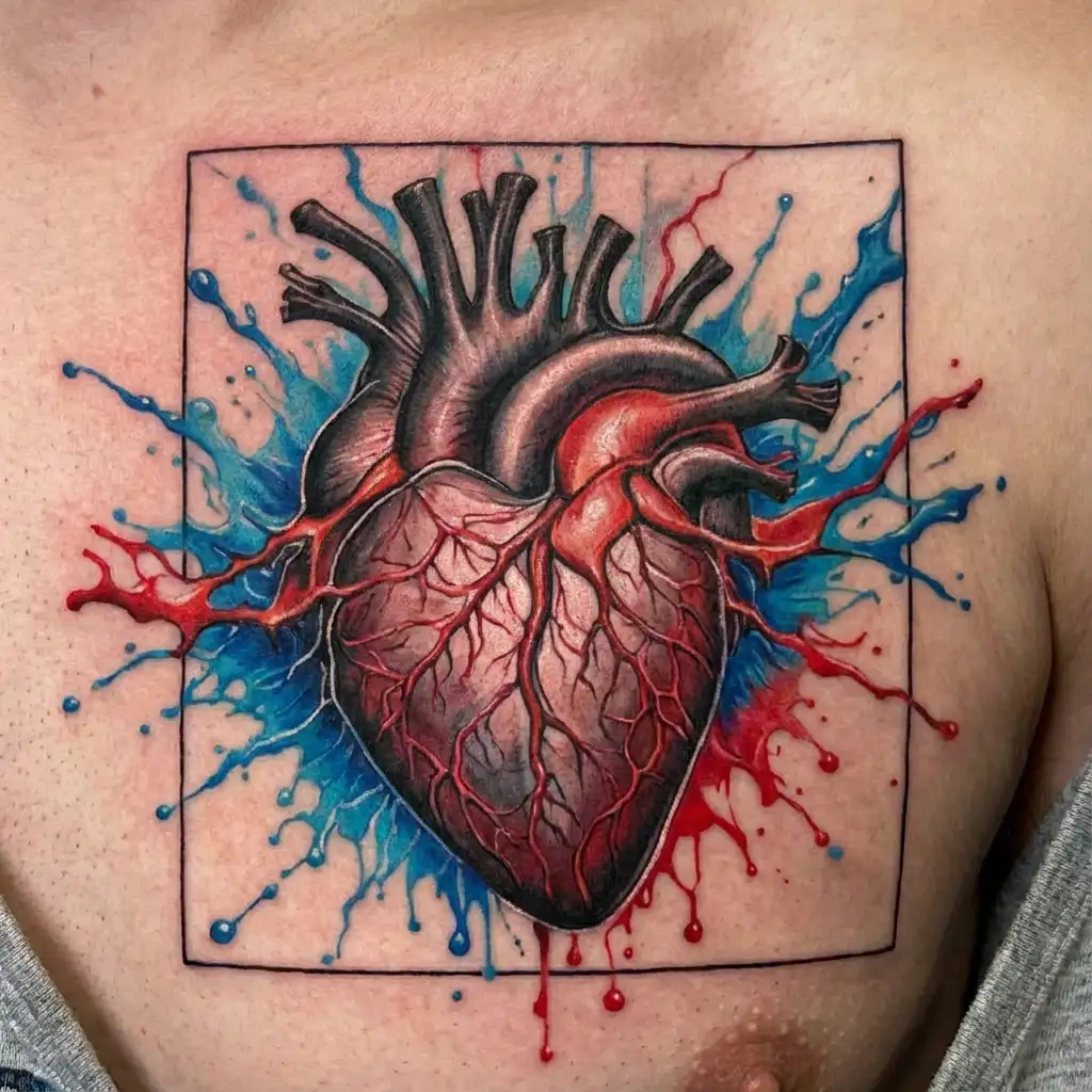 Tattoo, chest heart, black & gray realism, veins into circuits, red/blue splashes, Japanese waves tattoo design idea