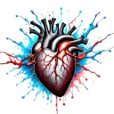 Tattoo, chest heart, black & gray realism, veins into circuits, red/blue splashes, Japanese waves tattoo design idea