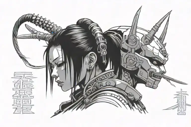 cyberpunk samurai girl with oni mask tilted on the side of her head tattoo design idea