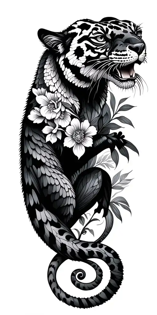 Panther Chameleon in Black & colour from shoulder to wrist.Full Arm Sleeve.Black simple background floral tattoo design idea