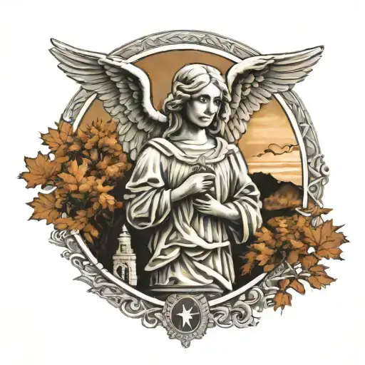 A realism tattoo of a guardian angel watching over a traditional catholic symbol, with a backdrop of a New England landscape in fall colors tattoo design idea