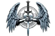 Memento Mori inscription arch angel holding a sword tattoo design idea