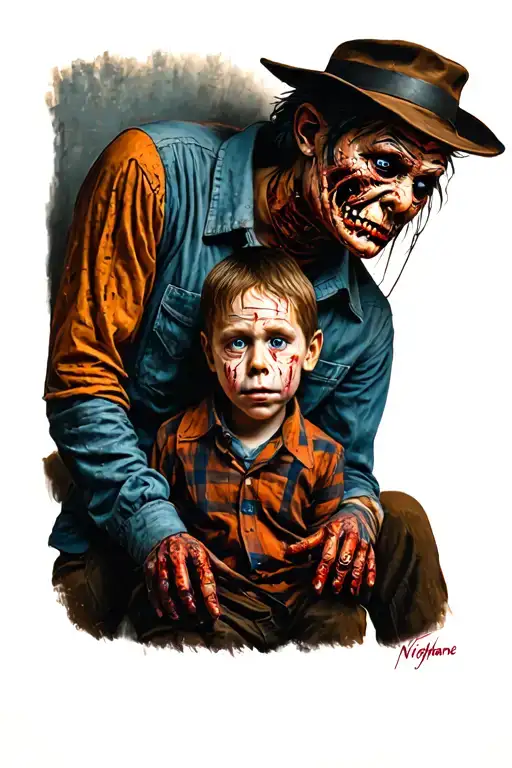 Freddy Krueger as a puppeteer with a boy as his puppet in the vein scene from Nightmare on Elm Street 3 tattoo design idea