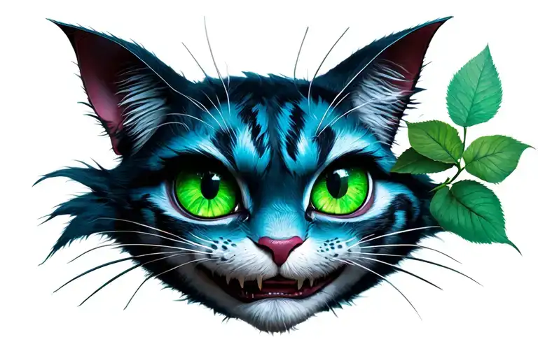 dark version of original Alice in wonderland cheshire cat grin and eyes with eyes brightly coloured in greens and blues tattoo design idea