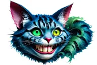 dark version of original Alice in wonderland cheshire cat grin and eyes with eyes brightly coloured in greens and blues tattoo design idea