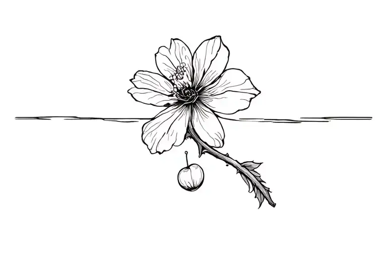 a single cherry blossom flower with a line leading to a yacht with a line leading to rose tattoo design idea