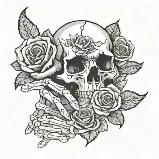 rose and skeleton on the fingers of a hand tattoo design idea