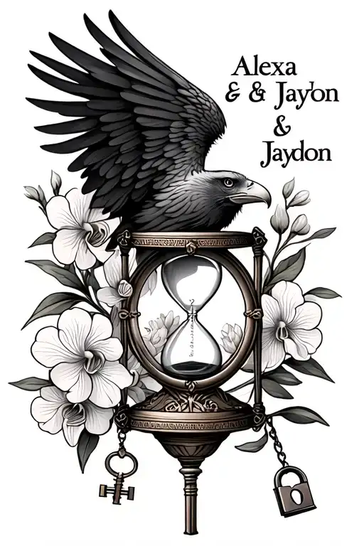 "Alexa & Jaydon" "Alexa & Jaydon" I want an eagle, orchid hourglass with a lock and key to resemble the protection of my two children  tattoo design idea