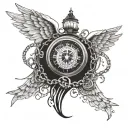 A unique design featuring a mix of angel and demon wings, a compass rose, a pocket watch, a lighthouse, and chains tattoo design idea