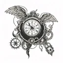 A unique design featuring a mix of angel and demon wings, a compass rose, a pocket watch, a lighthouse, and chains tattoo design idea