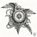 A unique design featuring a mix of angel and demon wings, a compass rose, a pocket watch, a lighthouse, and chains tattoo design idea