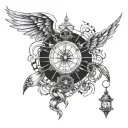A unique design featuring a mix of angel and demon wings, a compass rose, a pocket watch, a lighthouse, and chains tattoo design idea
