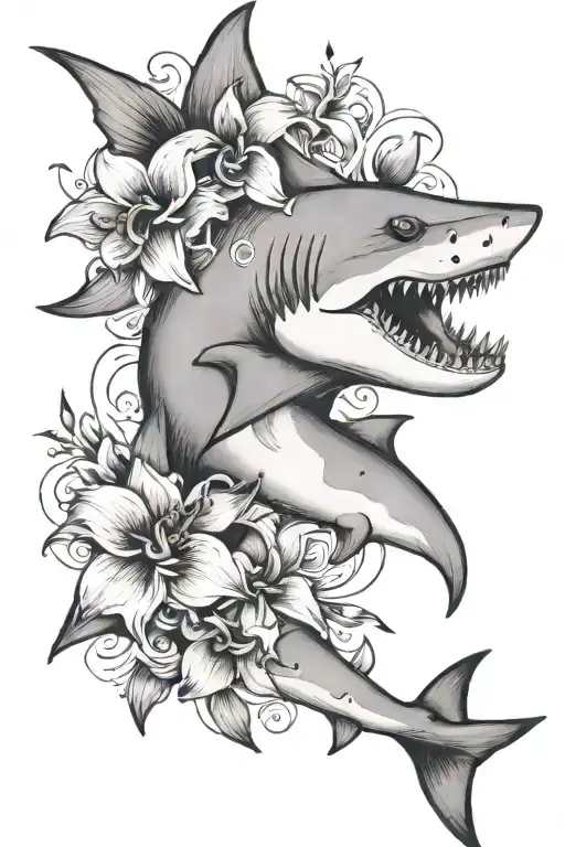 shark with black orchid flowers tattoo design idea