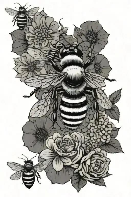 queen, worker, drone bees with flowers, honeycomb, and I exist as I am and that is enough.  tattoo design idea