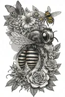queen, worker, drone bees with flowers, honeycomb, and I exist as I am and that is enough.  tattoo design idea