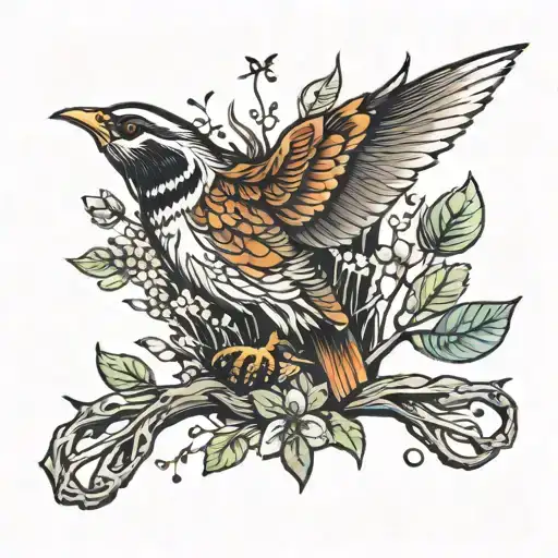 a stream flowing in the middle of the mountains, mountain thyme and a wild partridge tattoo design idea