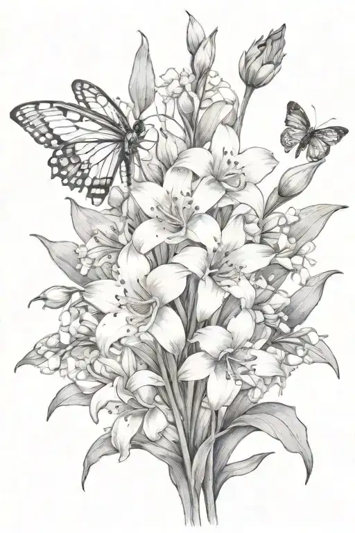 lily of the valley gladiolus lotus flowers blooming with bumblebee flying towards living tattoo design idea